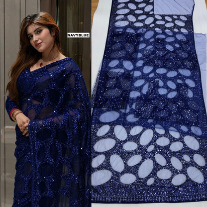Heavy Quality Butterfly Net Sequins Embroidery work Saree | 4.4 Mtr Work | Blouse-Butterfly Net With Heavy Embroidery Front & Back Multi & Sequins With Sleeves Embroidery Work