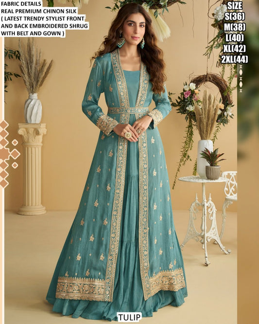 Women’s Heavy Roman Silk Anarkali Suit with Pant & Dupatta | Embroidery & Sequence Work | Full Sleeve, Fully Stitched | Festive & Party Wear