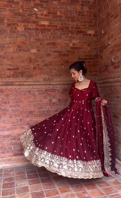 Designer Fendy Silk Anarkali Set for Women | Heavy Sequence & Embroidery Work | Fully Stitched with Pant & Dupatta | Wedding & Festive Outfit