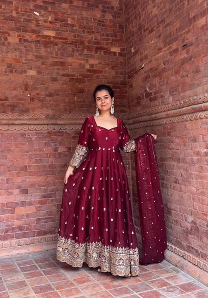 Designer Fendy Silk Anarkali Set for Women | Heavy Sequence & Embroidery Work | Fully Stitched with Pant & Dupatta | Wedding & Festive Outfit
