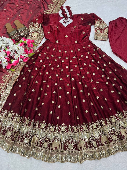 Designer Fendy Silk Anarkali Set for Women | Heavy Sequence & Embroidery Work | Fully Stitched with Pant & Dupatta | Wedding & Festive Outfit