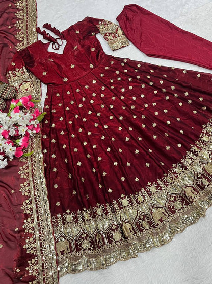 Designer Fendy Silk Anarkali Set for Women | Heavy Sequence & Embroidery Work | Fully Stitched with Pant & Dupatta | Wedding & Festive Outfit