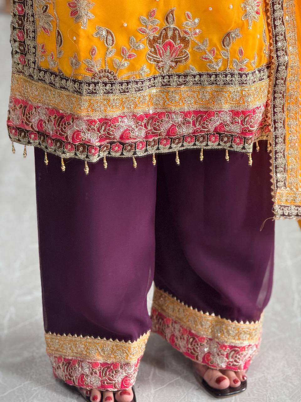 Elegant Faux Georgette Silk Kurti Set with Bottom & Embellished Dupatta – Moti & Multi-Needle Sequins Work (Fully Stitched)