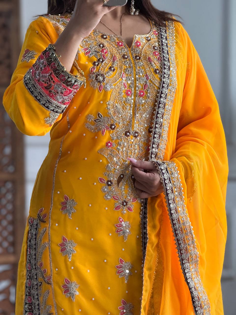 Elegant Faux Georgette Silk Kurti Set with Bottom & Embellished Dupatta – Moti & Multi-Needle Sequins Work (Fully Stitched)