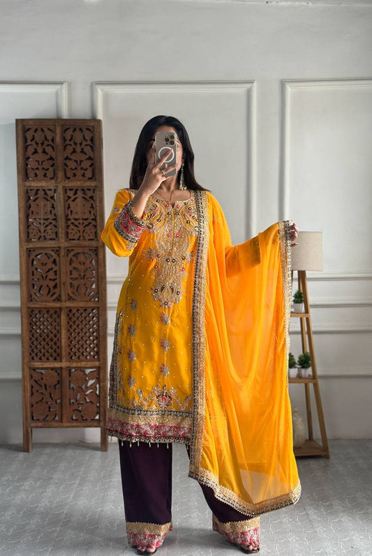 Elegant Faux Georgette Silk Kurti Set with Bottom & Embellished Dupatta – Moti & Multi-Needle Sequins Work (Fully Stitched)