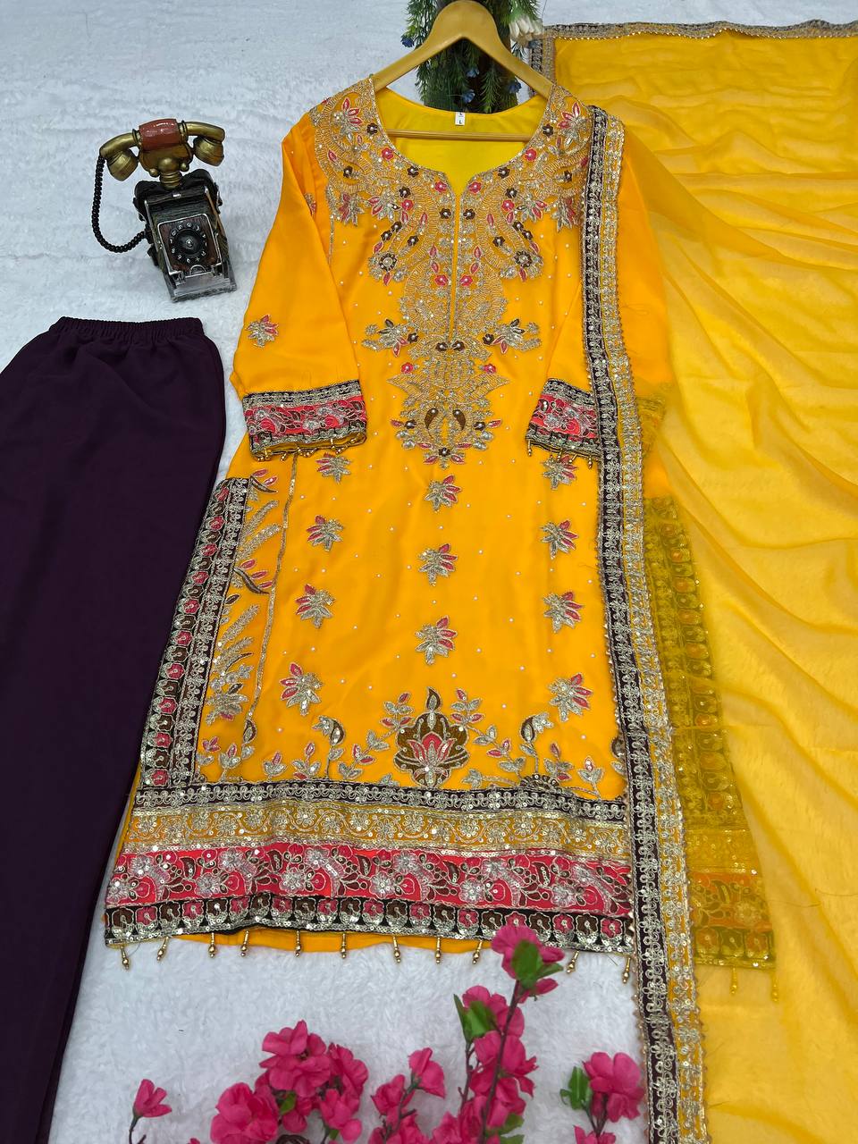 Elegant Faux Georgette Silk Kurti Set with Bottom & Embellished Dupatta – Moti & Multi-Needle Sequins Work (Fully Stitched)