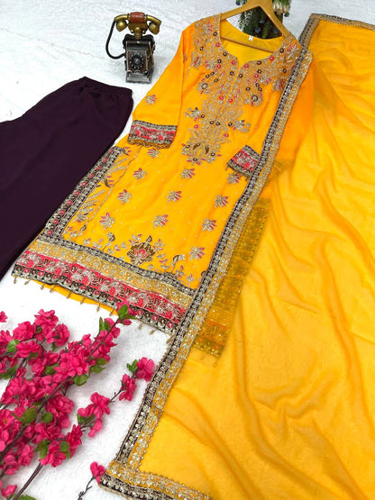 Elegant Faux Georgette Silk Kurti Set with Bottom & Embellished Dupatta – Moti & Multi-Needle Sequins Work (Fully Stitched)