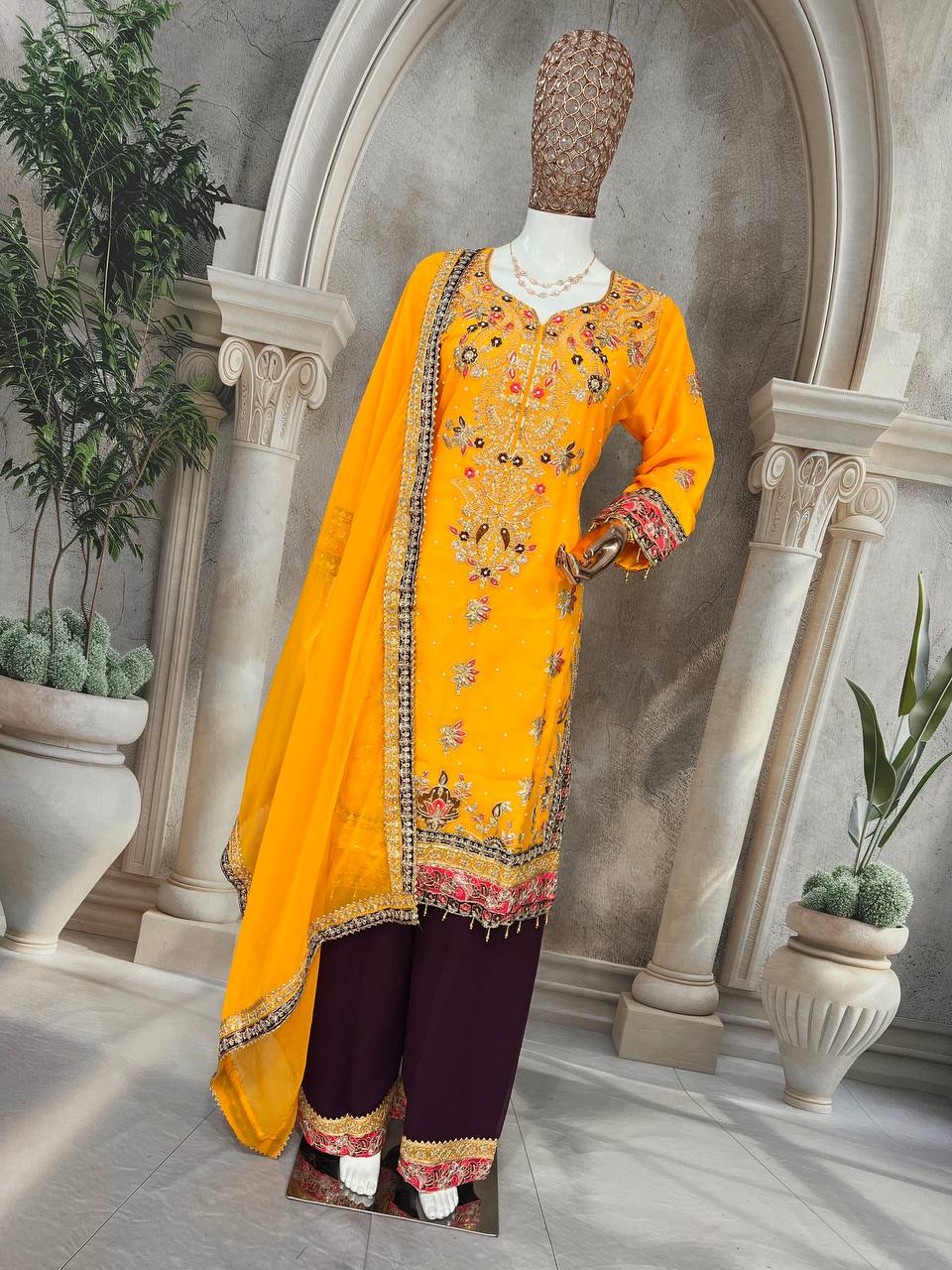 Elegant Faux Georgette Silk Kurti Set with Bottom & Embellished Dupatta – Moti & Multi-Needle Sequins Work (Fully Stitched)