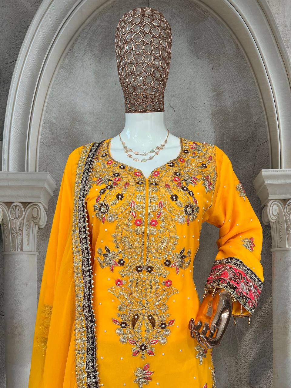 Elegant Faux Georgette Silk Kurti Set with Bottom & Embellished Dupatta – Moti & Multi-Needle Sequins Work (Fully Stitched)