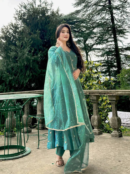 Designer Simmar Silk Anarkali Set for Women | Heavy Sequence & Embroidery Work | Fully Stitched with Pant & Butterfly Net Dupatta | Wedding & Festive Outfit