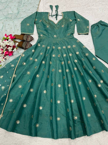 Designer Simmar Silk Anarkali Set for Women | Heavy Sequence & Embroidery Work | Fully Stitched with Pant & Butterfly Net Dupatta | Wedding & Festive Outfit
