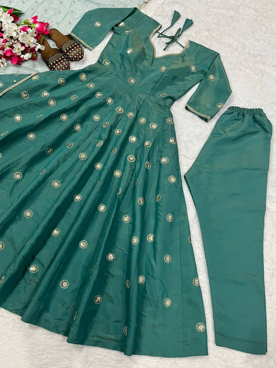 Designer Simmar Silk Anarkali Set for Women | Heavy Sequence & Embroidery Work | Fully Stitched with Pant & Butterfly Net Dupatta | Wedding & Festive Outfit