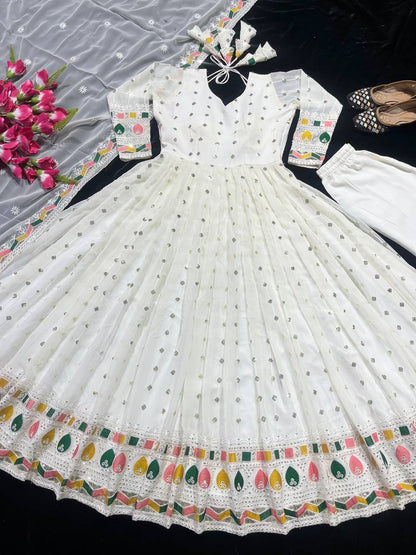 Designer Heavy Faux Georgette Anarkali Suit with Sequins & Embroidery Work, Dupatta & Cotton Pant Fully Stitched Party Wear Dress for Women