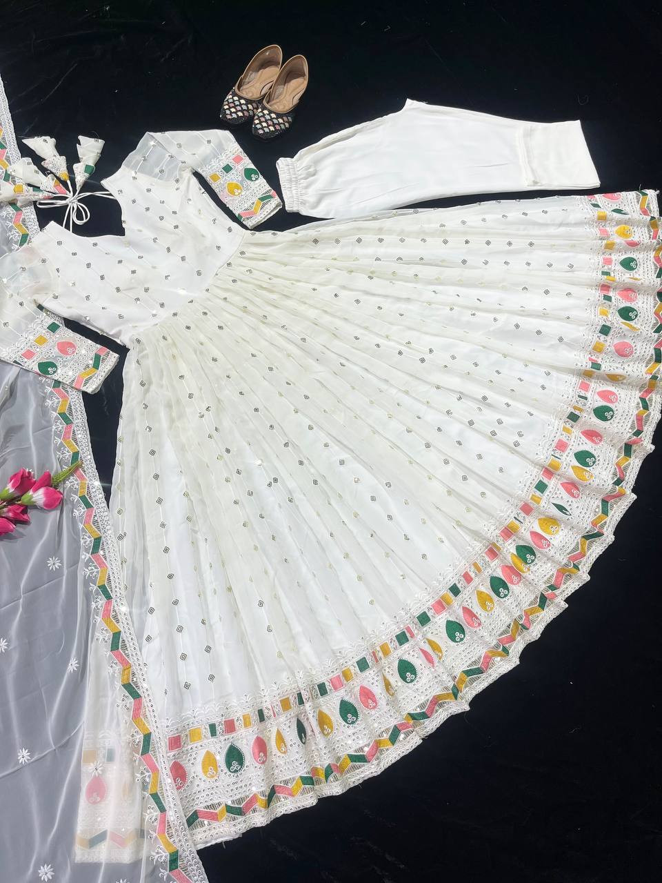 Designer Heavy Faux Georgette Anarkali Suit with Sequins & Embroidery Work, Dupatta & Cotton Pant Fully Stitched Party Wear Dress for Women