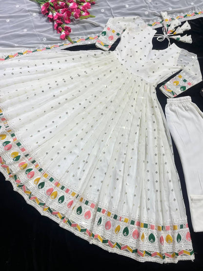 Designer Heavy Faux Georgette Anarkali Suit with Sequins & Embroidery Work, Dupatta & Cotton Pant Fully Stitched Party Wear Dress for Women