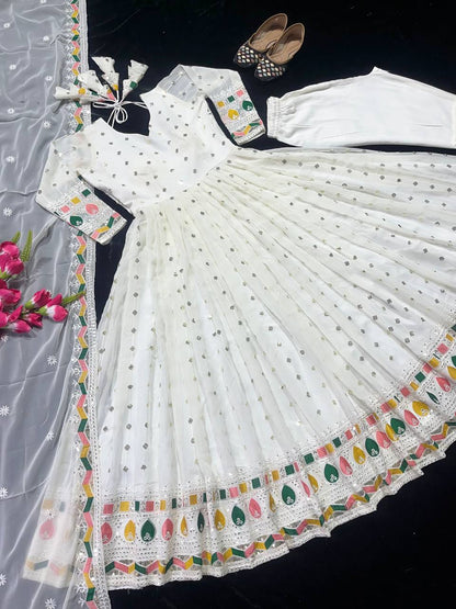 Designer Heavy Faux Georgette Anarkali Suit with Sequins & Embroidery Work, Dupatta & Cotton Pant Fully Stitched Party Wear Dress for Women