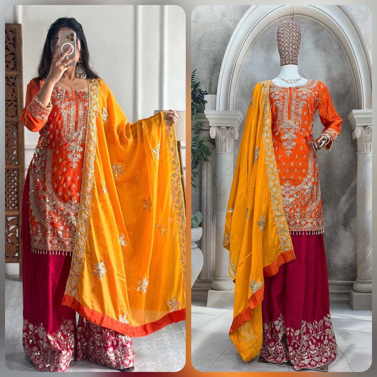 Graceful Pure Chinon Silk Kurti Set with Plazzo & Embroidered Dupatta – Multi-Needle Sequin Work (Fully Stitched)