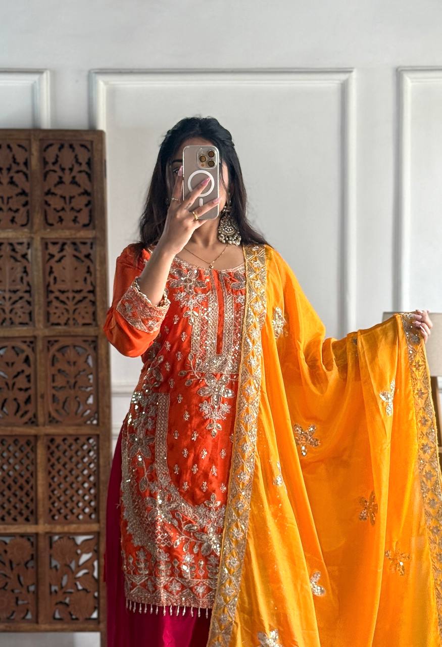 Graceful Pure Chinon Silk Kurti Set with Plazzo & Embroidered Dupatta – Multi-Needle Sequin Work (Fully Stitched)