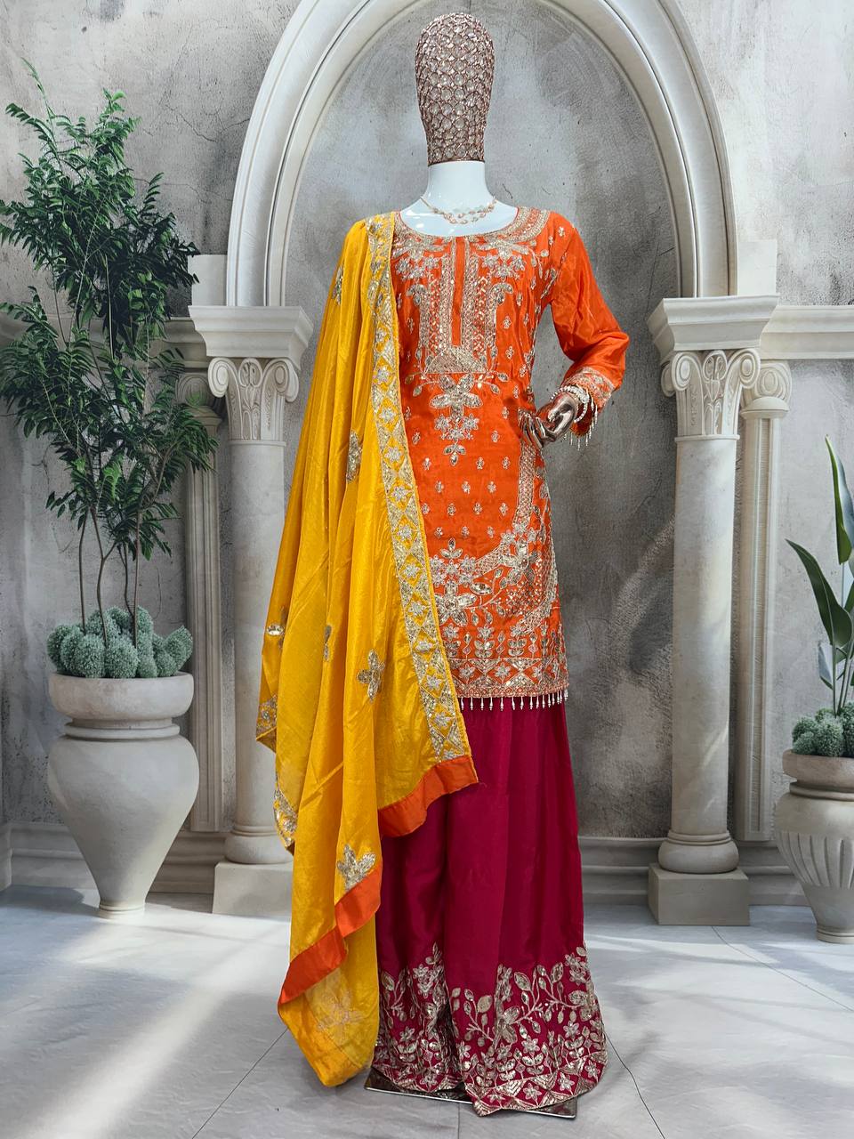 Graceful Pure Chinon Silk Kurti Set with Plazzo & Embroidered Dupatta – Multi-Needle Sequin Work (Fully Stitched)