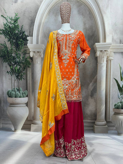 Graceful Pure Chinon Silk Kurti Set with Plazzo & Embroidered Dupatta – Multi-Needle Sequin Work (Fully Stitched)
