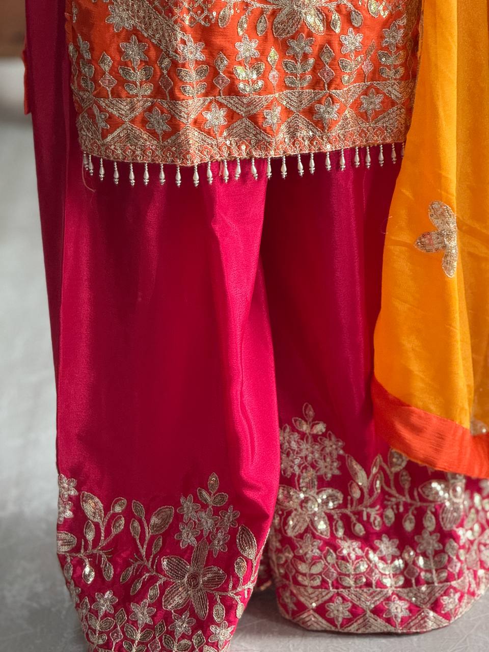 Graceful Pure Chinon Silk Kurti Set with Plazzo & Embroidered Dupatta – Multi-Needle Sequin Work (Fully Stitched)