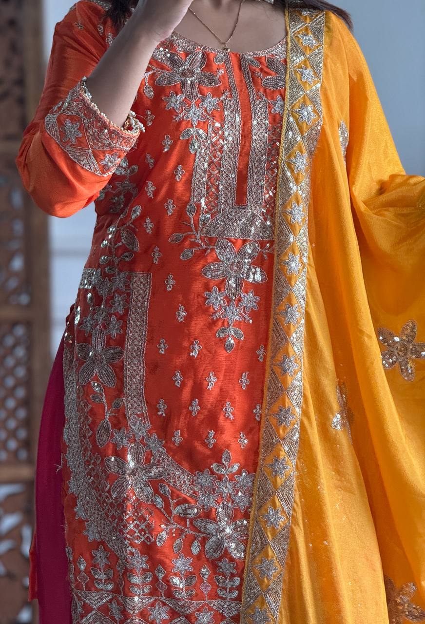 Graceful Pure Chinon Silk Kurti Set with Plazzo & Embroidered Dupatta – Multi-Needle Sequin Work (Fully Stitched)