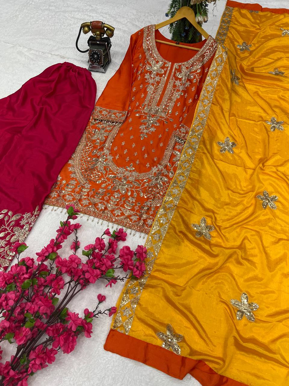 Graceful Pure Chinon Silk Kurti Set with Plazzo & Embroidered Dupatta – Multi-Needle Sequin Work (Fully Stitched)