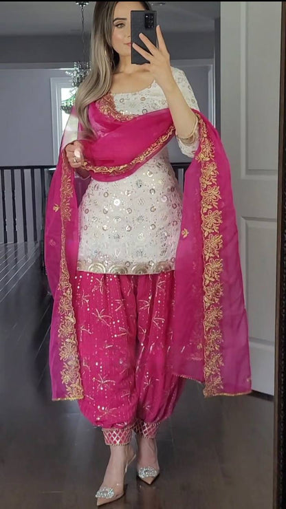 Designer Faux Georgette Patiyala Suit Set with 5mm Sequins Embroidery & Heavy Butterfly Net Dupatta Fully Stitched Party Wear Dress for Women