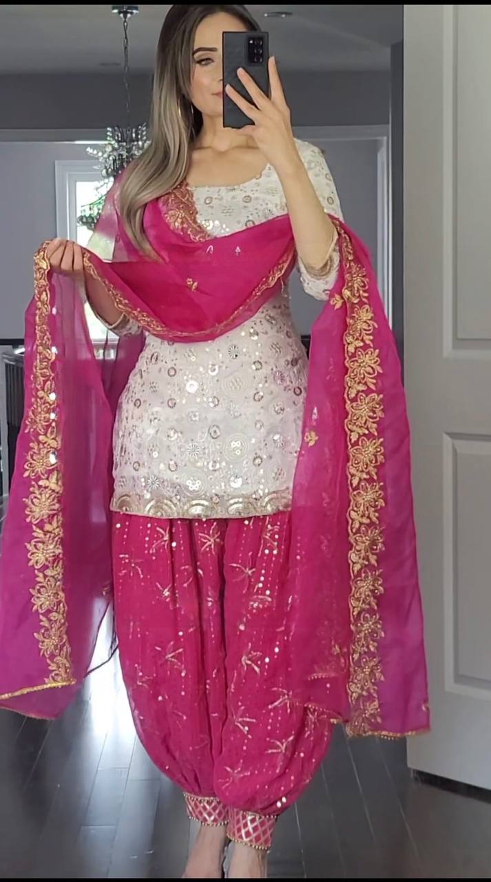 Designer Faux Georgette Patiyala Suit Set with 5mm Sequins Embroidery & Heavy Butterfly Net Dupatta Fully Stitched Party Wear Dress for Women