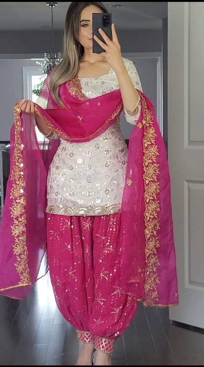 Designer Faux Georgette Patiyala Suit Set with 5mm Sequins Embroidery & Heavy Butterfly Net Dupatta Fully Stitched Party Wear Dress for Women