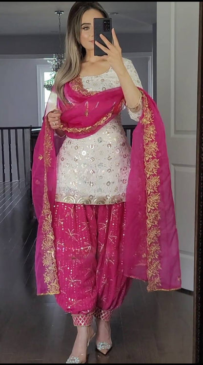 Designer Faux Georgette Patiyala Suit Set with 5mm Sequins Embroidery & Heavy Butterfly Net Dupatta Fully Stitched Party Wear Dress for Women
