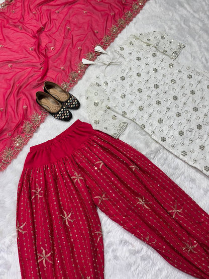 Designer Faux Georgette Patiyala Suit Set with 5mm Sequins Embroidery & Heavy Butterfly Net Dupatta Fully Stitched Party Wear Dress for Women