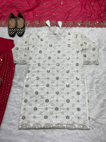 Designer Faux Georgette Patiyala Suit Set with 5mm Sequins Embroidery & Heavy Butterfly Net Dupatta Fully Stitched Party Wear Dress for Women