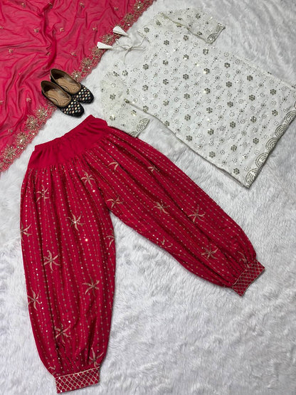 Designer Faux Georgette Patiyala Suit Set with 5mm Sequins Embroidery & Heavy Butterfly Net Dupatta Fully Stitched Party Wear Dress for Women