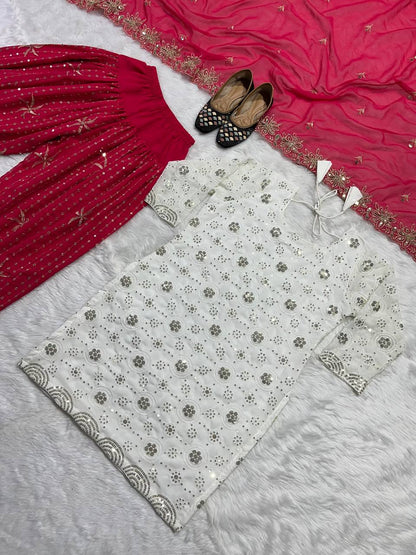 Designer Faux Georgette Patiyala Suit Set with 5mm Sequins Embroidery & Heavy Butterfly Net Dupatta Fully Stitched Party Wear Dress for Women