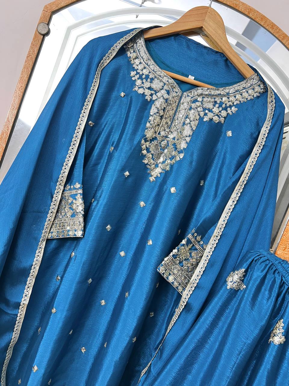 Pure Chinon Silk Embroidered Kurti Plazzo Set with Dupatta (Fully Stitched | Zari & Sequin Work)