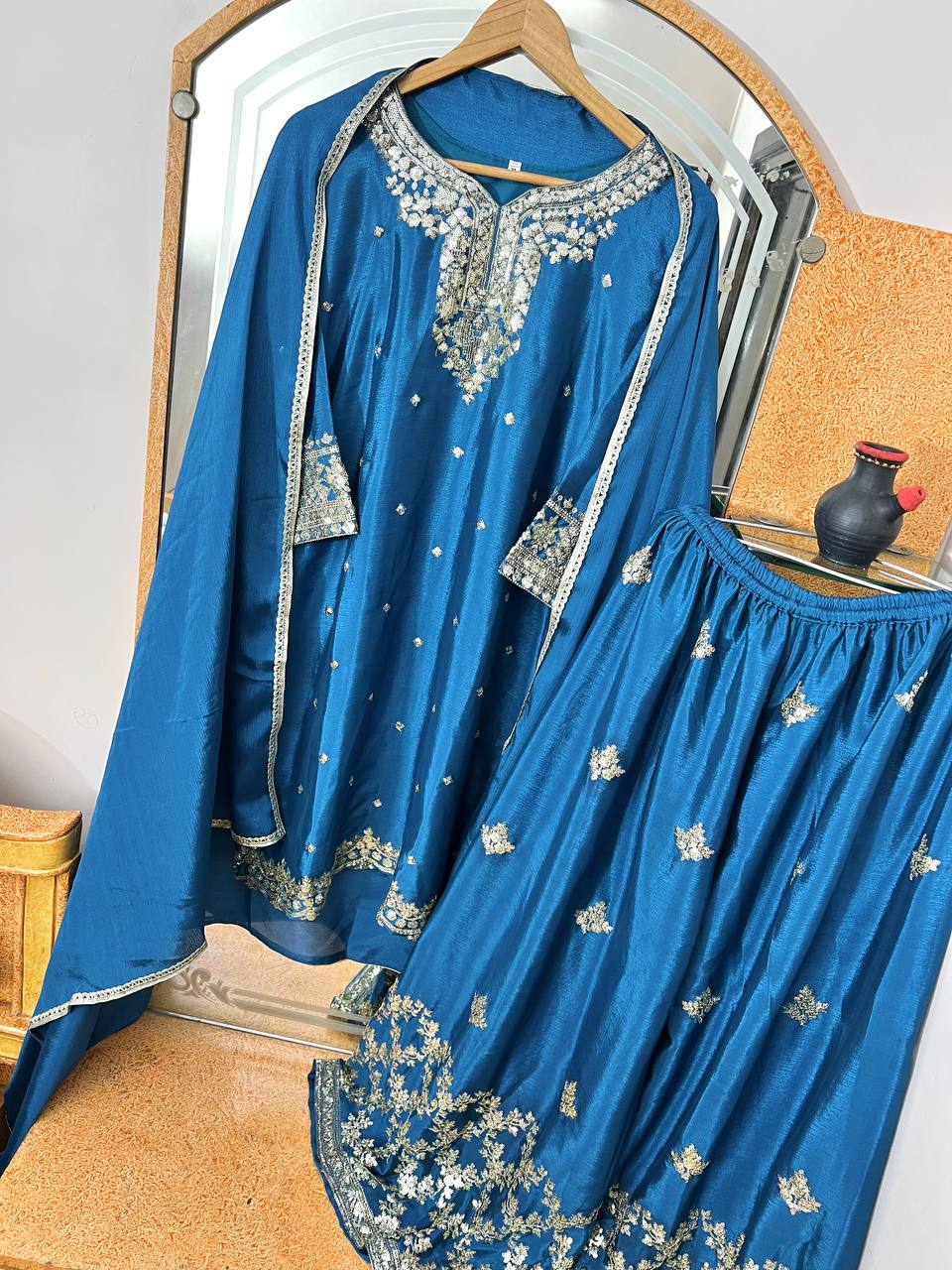 Pure Chinon Silk Embroidered Kurti Plazzo Set with Dupatta (Fully Stitched | Zari & Sequin Work)