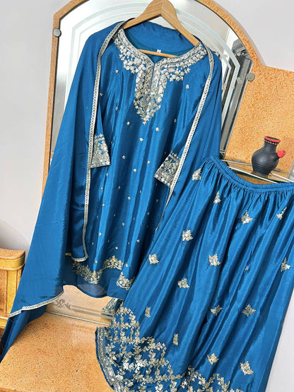 Pure Chinon Silk Embroidered Kurti Plazzo Set with Dupatta (Fully Stitched | Zari & Sequin Work)