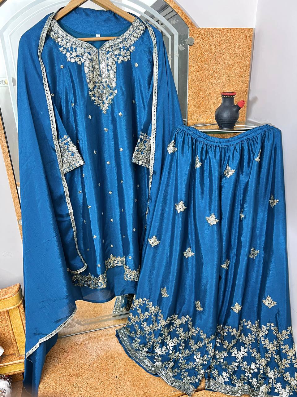 Pure Chinon Silk Embroidered Kurti Plazzo Set with Dupatta (Fully Stitched | Zari & Sequin Work)