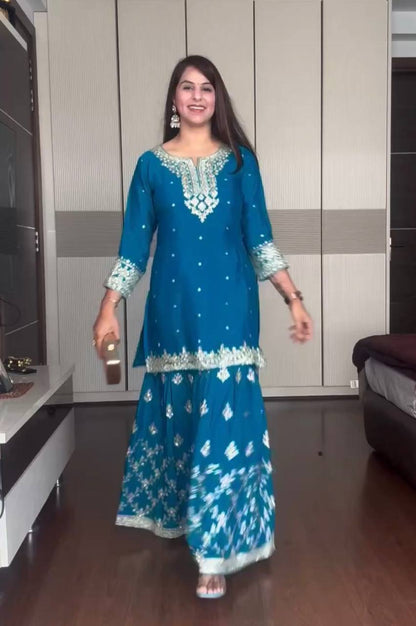 Pure Chinon Silk Embroidered Kurti Plazzo Set with Dupatta (Fully Stitched | Zari & Sequin Work)