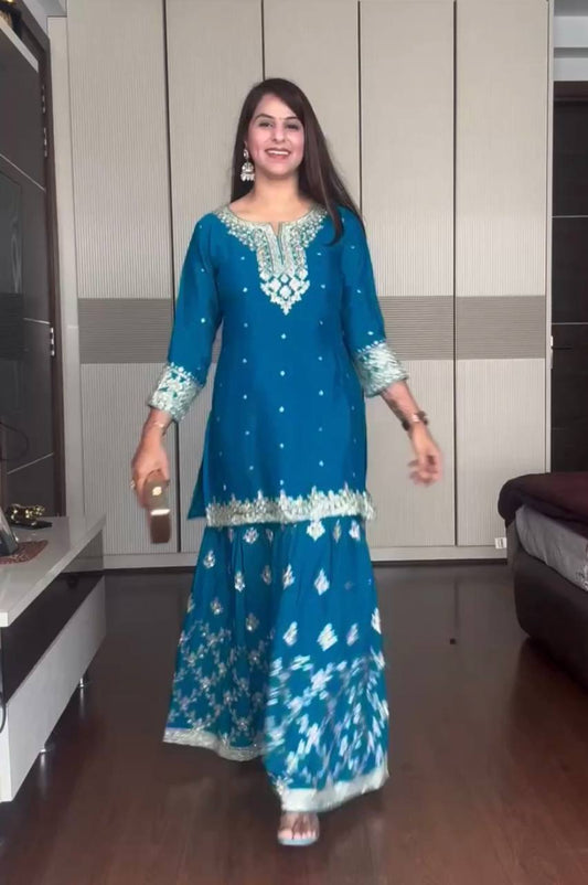 Pure Chinon Silk Embroidered Kurti Plazzo Set with Dupatta (Fully Stitched | Zari & Sequin Work)