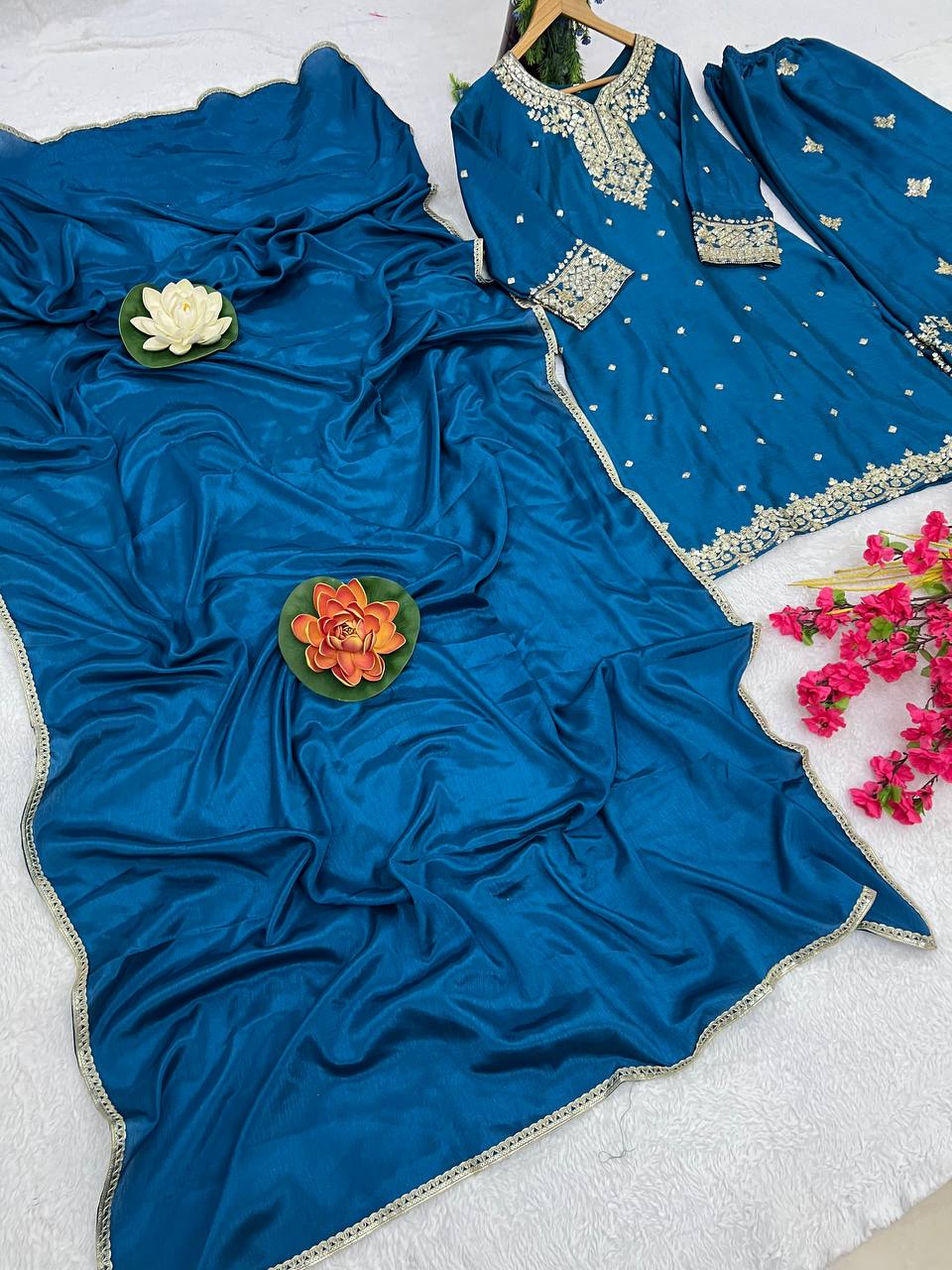 Pure Chinon Silk Embroidered Kurti Plazzo Set with Dupatta (Fully Stitched | Zari & Sequin Work)