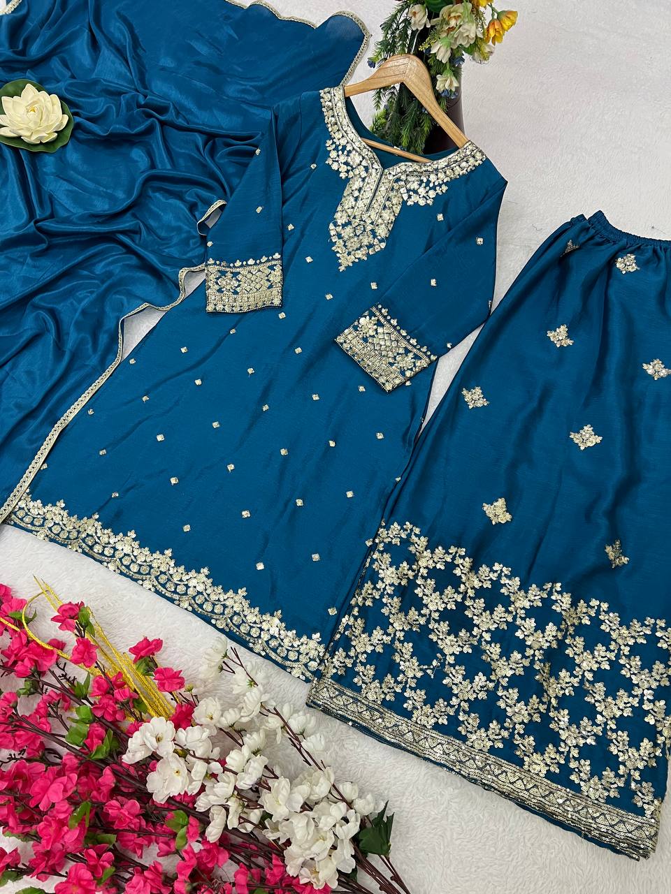 Pure Chinon Silk Embroidered Kurti Plazzo Set with Dupatta (Fully Stitched | Zari & Sequin Work)