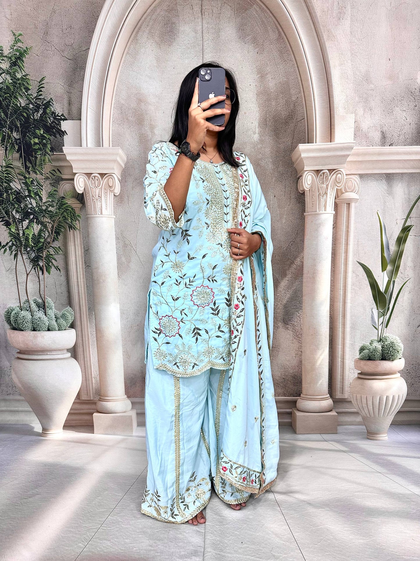 Premium Heavy Pure Natural Crepe Silk Sharara Set with Dupatta – Multi-Needle Sequins Embroidery (Fully Stitched)