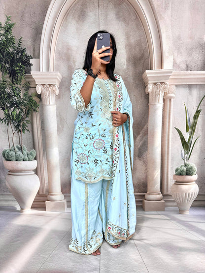 Premium Heavy Pure Natural Crepe Silk Sharara Set with Dupatta – Multi-Needle Sequins Embroidery (Fully Stitched)