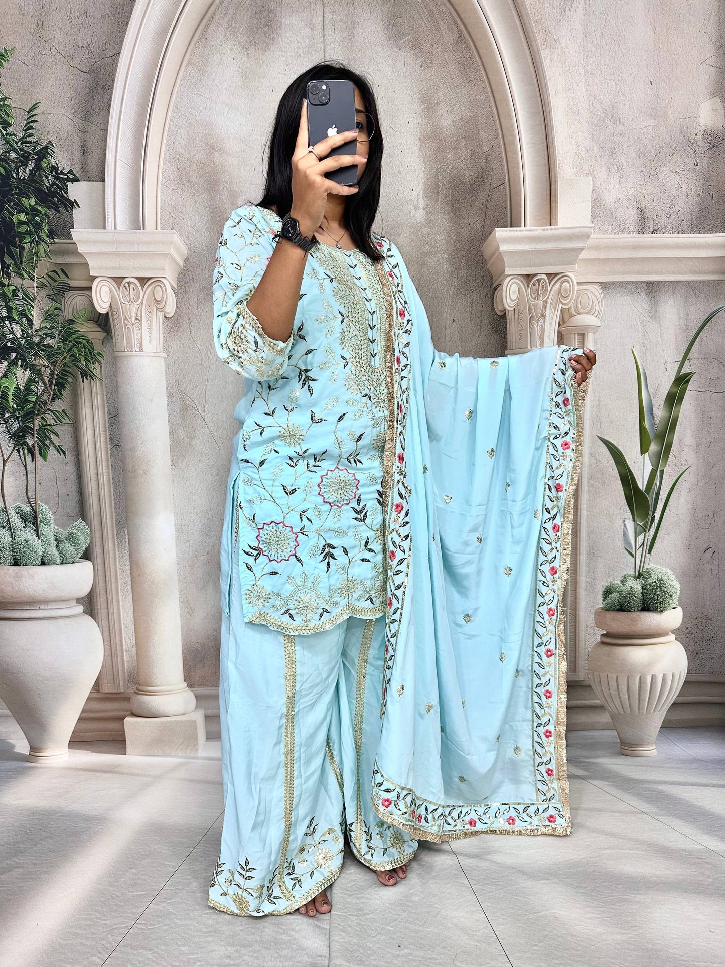 Premium Heavy Pure Natural Crepe Silk Sharara Set with Dupatta – Multi-Needle Sequins Embroidery (Fully Stitched)