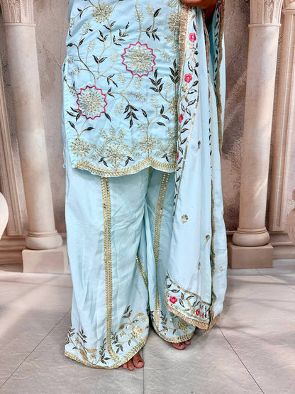 Premium Heavy Pure Natural Crepe Silk Sharara Set with Dupatta – Multi-Needle Sequins Embroidery (Fully Stitched)
