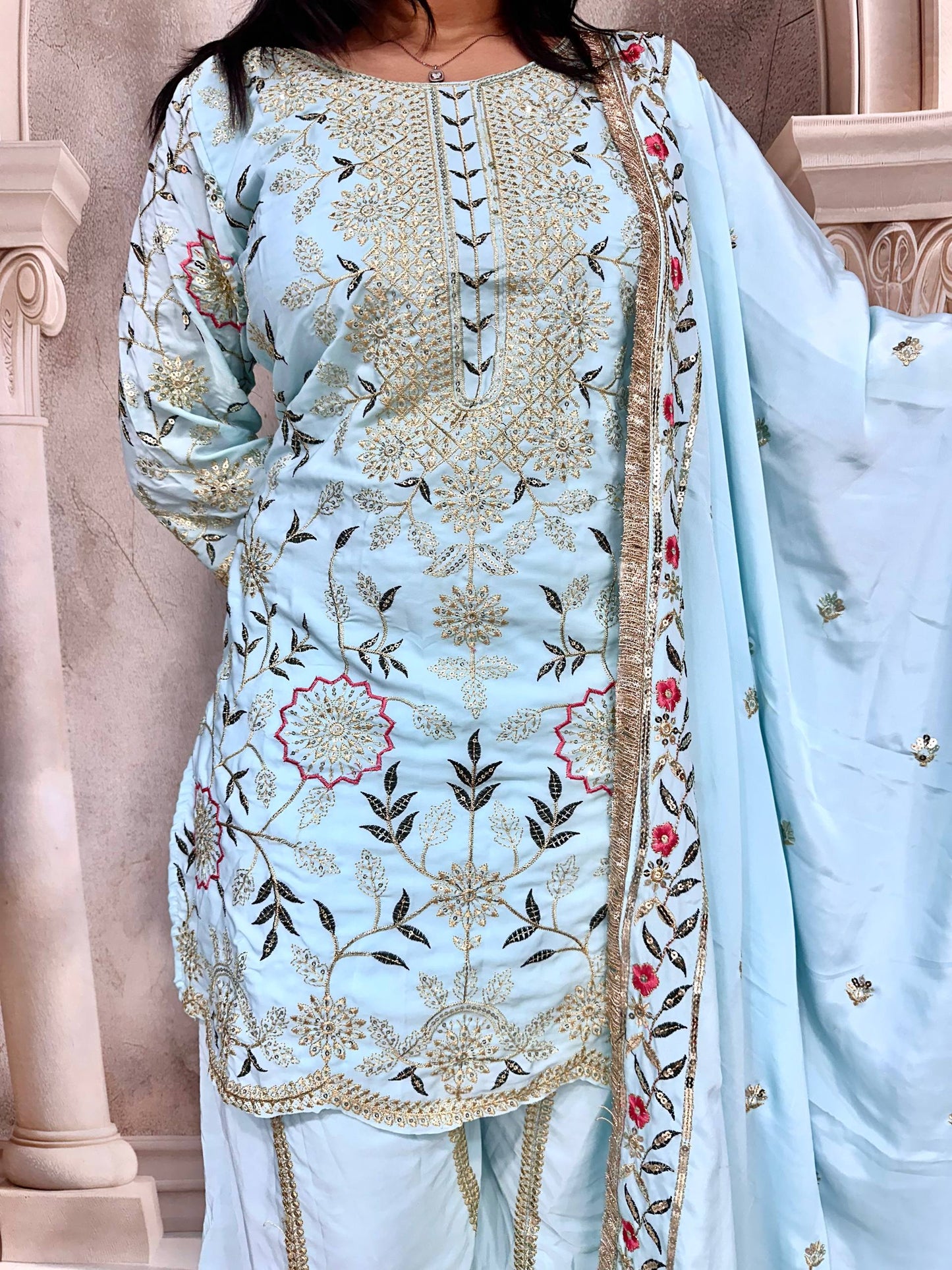 Premium Heavy Pure Natural Crepe Silk Sharara Set with Dupatta – Multi-Needle Sequins Embroidery (Fully Stitched)