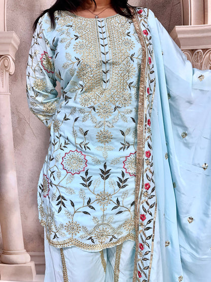Premium Heavy Pure Natural Crepe Silk Sharara Set with Dupatta – Multi-Needle Sequins Embroidery (Fully Stitched)