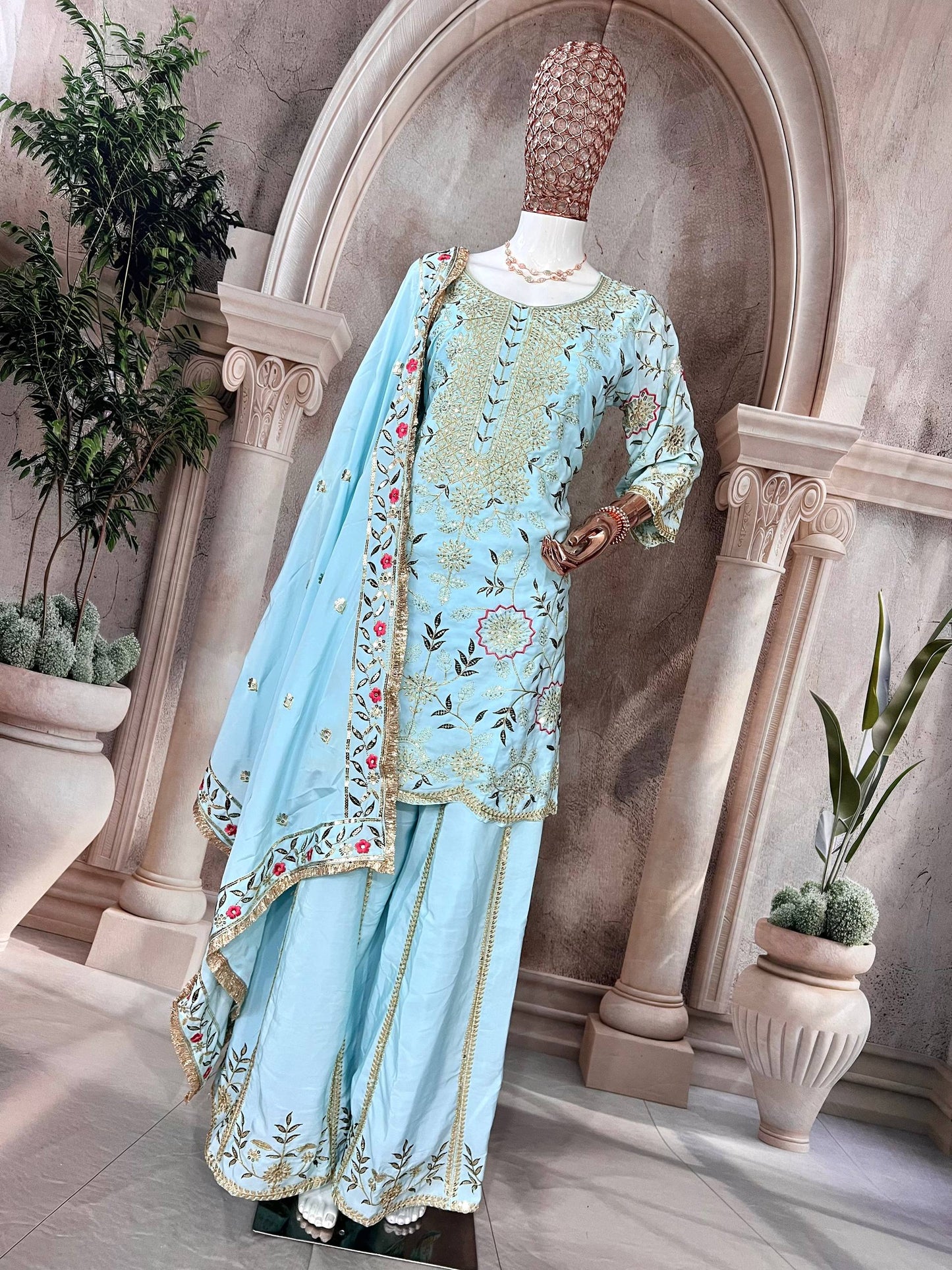 Premium Heavy Pure Natural Crepe Silk Sharara Set with Dupatta – Multi-Needle Sequins Embroidery (Fully Stitched)